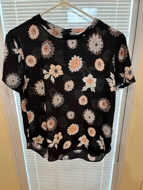 LOFT Black Short-Sleeve Floral Tee with Peach & White Blooms